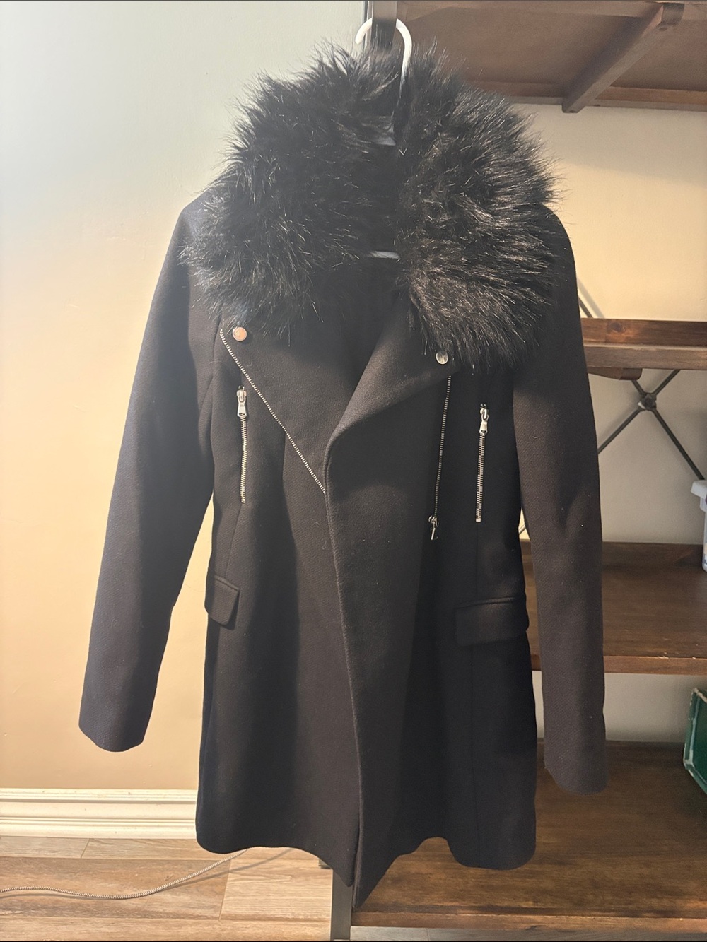 Zara Black Wool-Blend Pea Coat with removable Faux Fur Collar